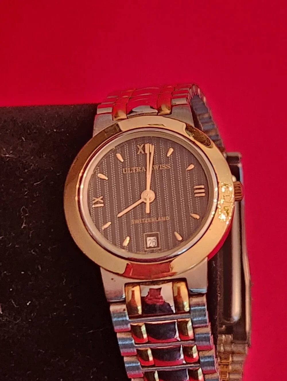 Vintage Ultra Swiss Ladies Two-Tone Watch Striped Dial Date Swiss Made Bracelet